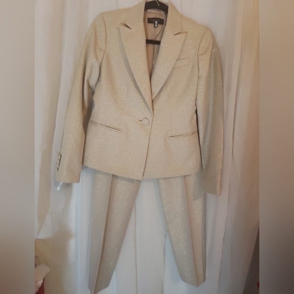 Talbots 2pc Blazer And Pant Set Metallic Gold Cotton Blend Sz 2 Holiday Formal - Picture 1 of 16
